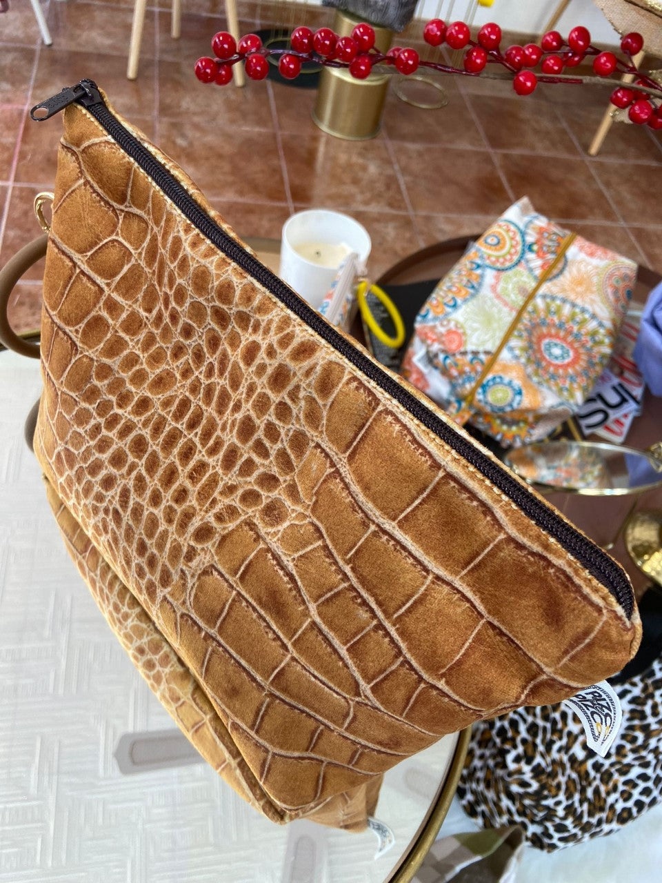 Mustard Crocodile Print Toiletry Bag