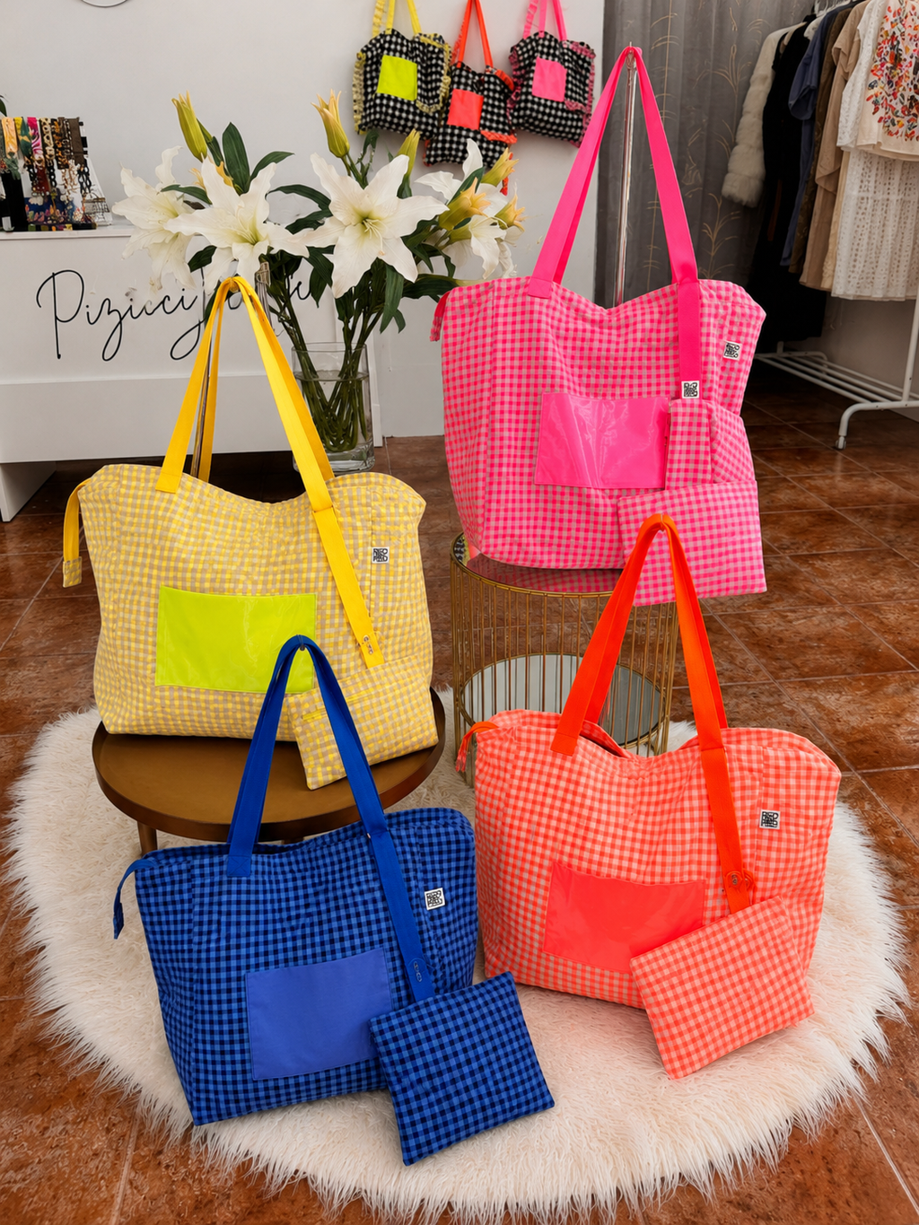 Fluorescent Gingham Shopper Bag