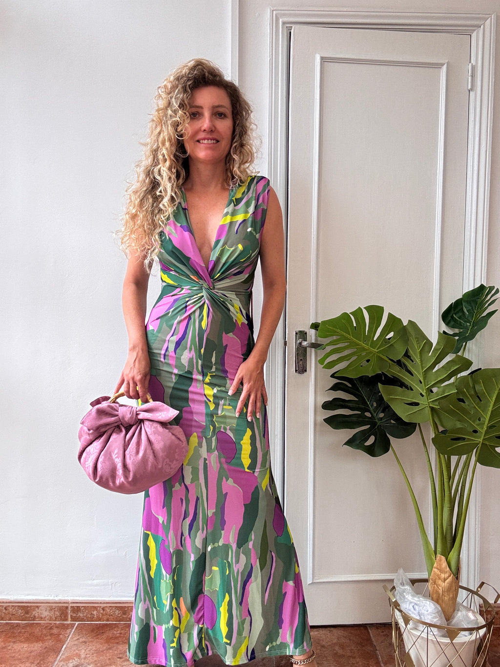 Vestido de Fiesta Nudo Multicolor Verde