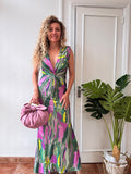 Vestido de Fiesta Nudo Multicolor Verde