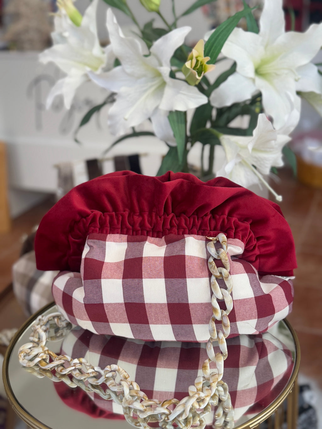 Burgundy Gingham Baguette Bag
