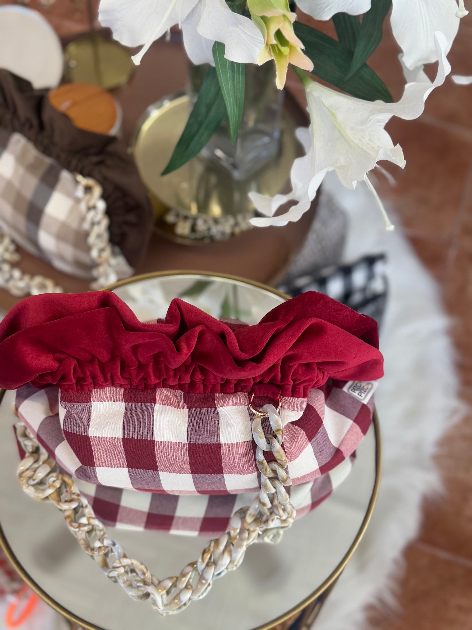 Burgundy Gingham Baguette Bag