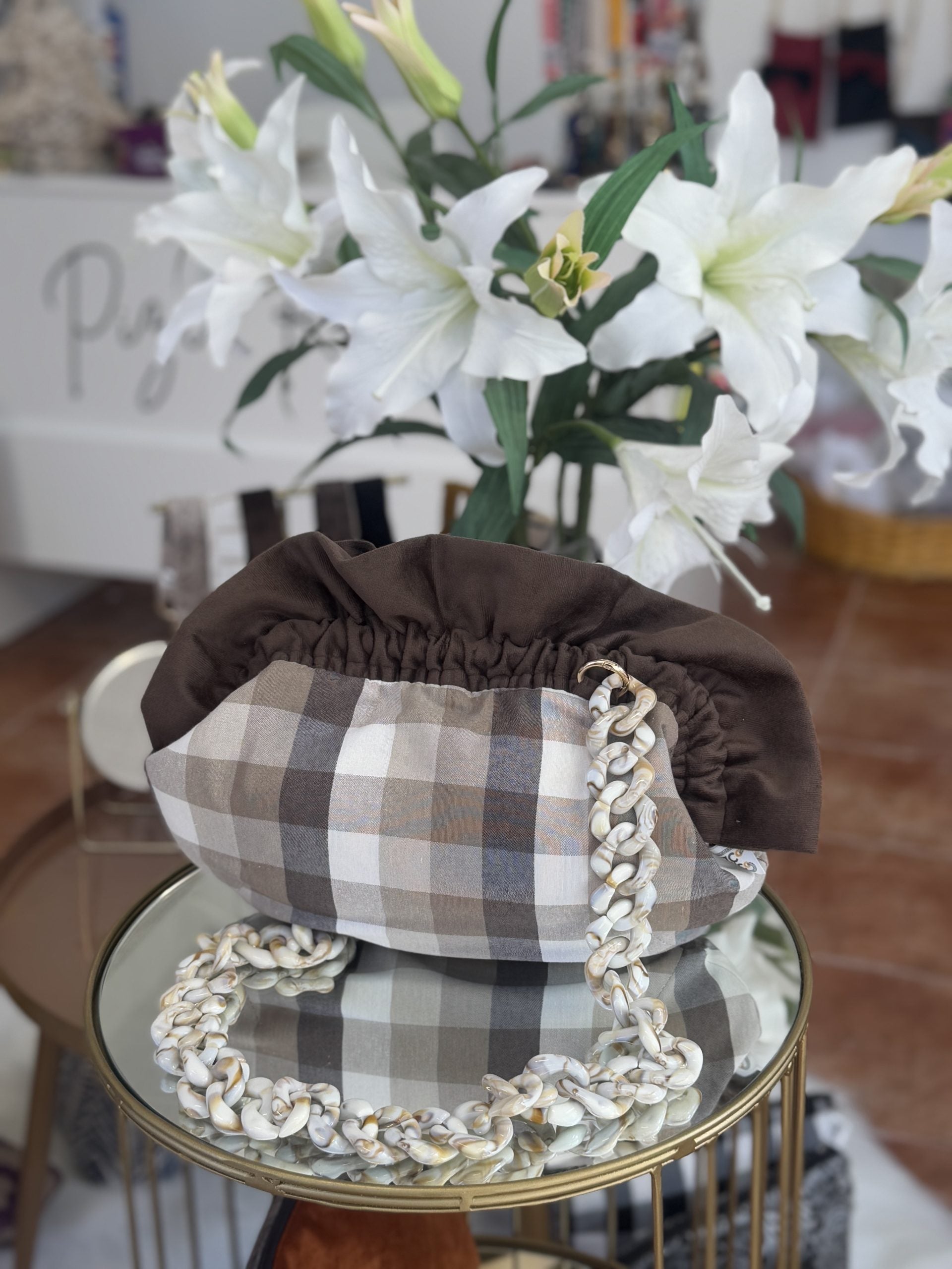 Brown Gingham Baguette Bag