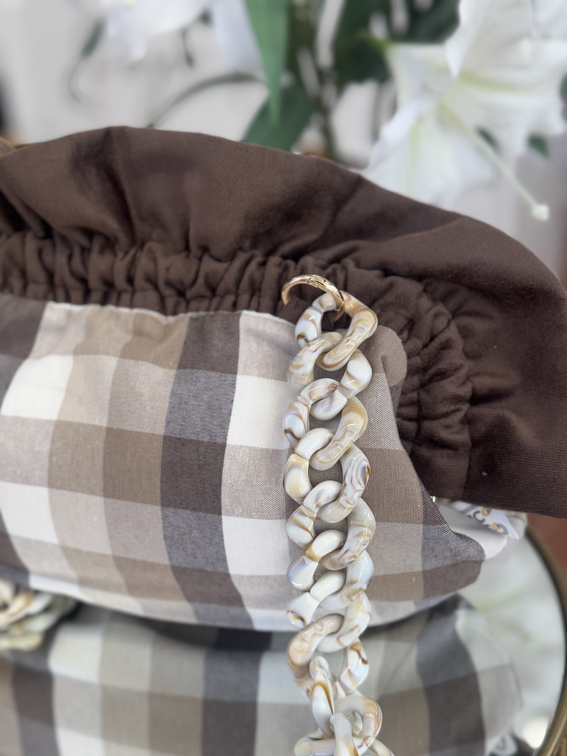 Brown Gingham Baguette Bag