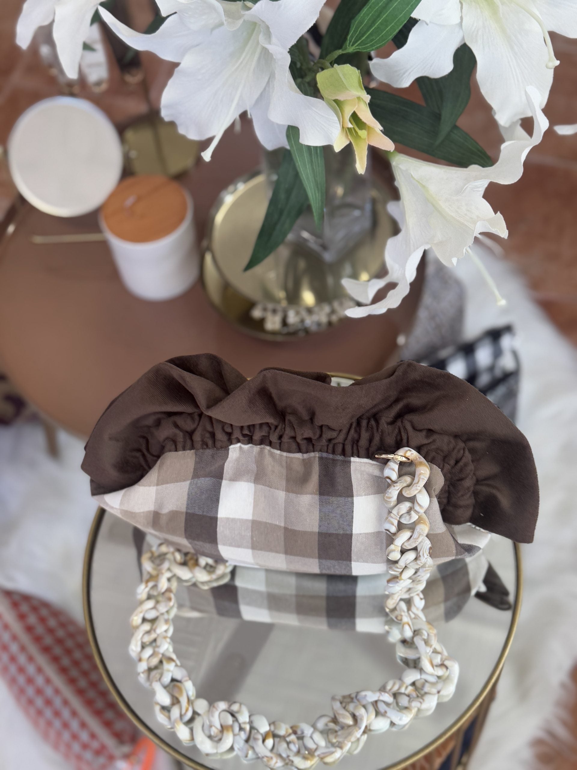 Brown Gingham Baguette Bag