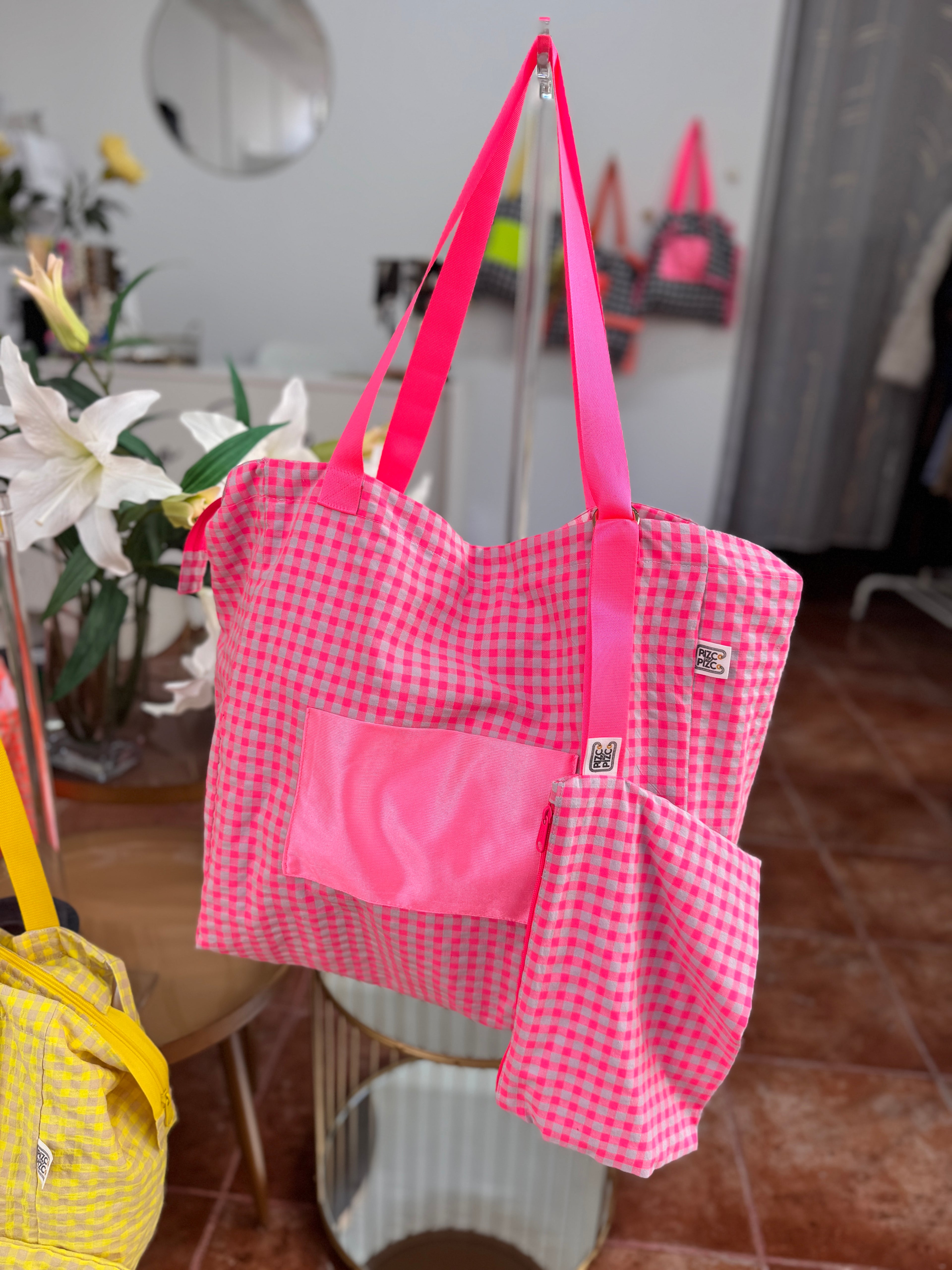 Fluorescent Gingham Shopper Bag