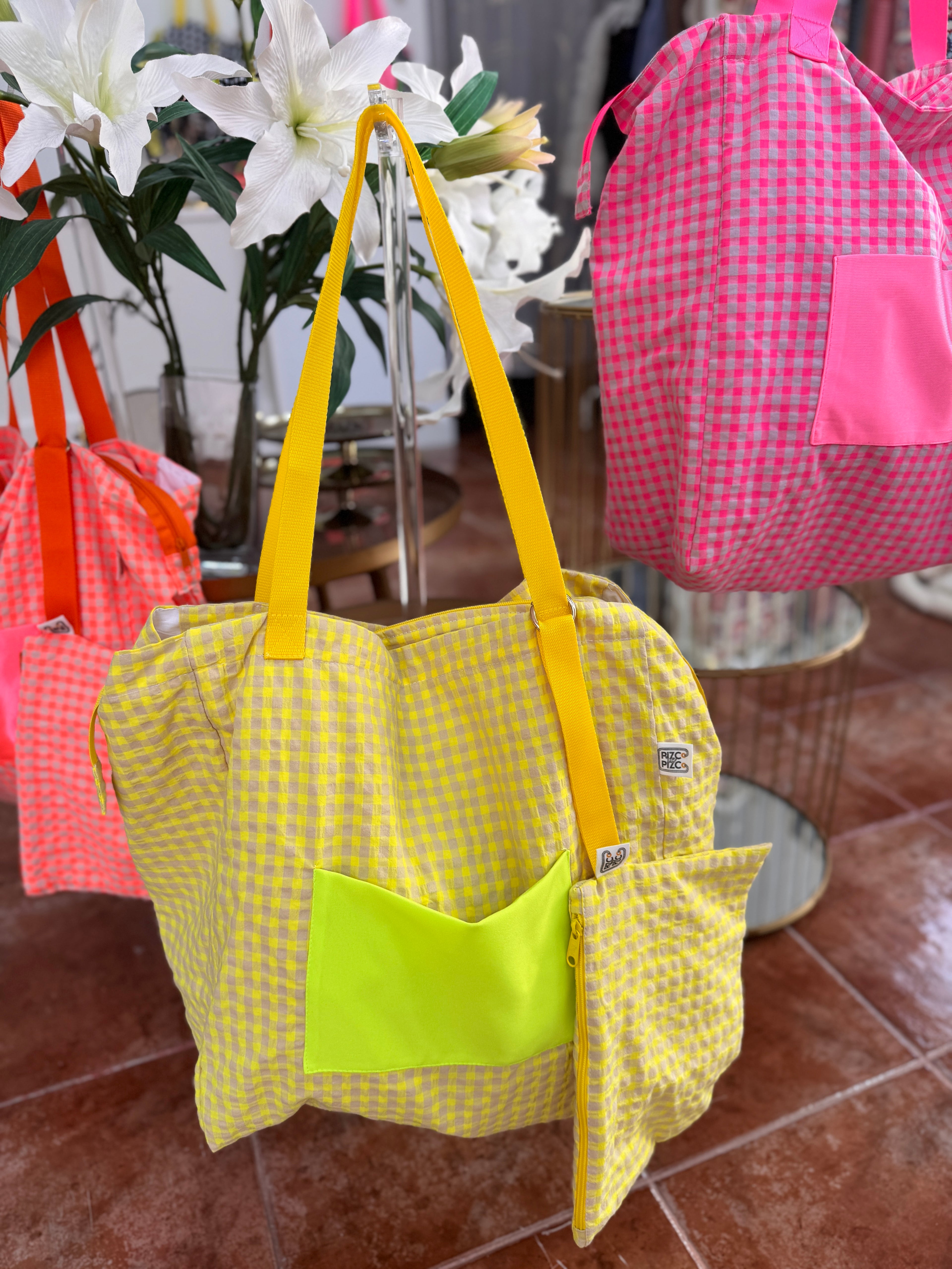 Fluorescent Gingham Shopper Bag