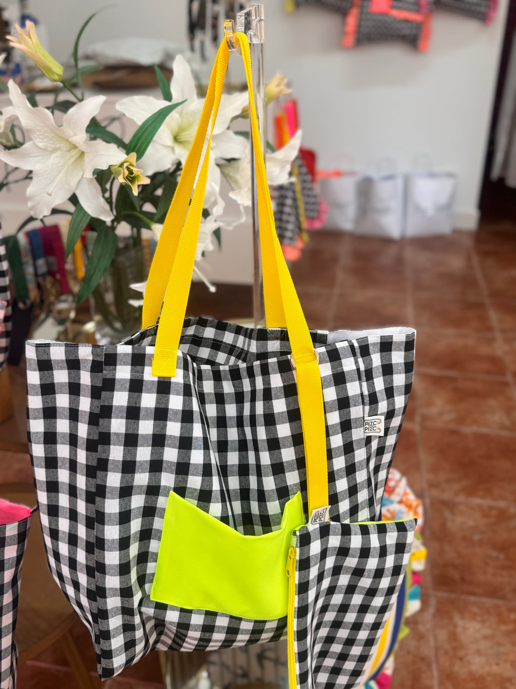 Fluorescent Gingham Shopper Bag