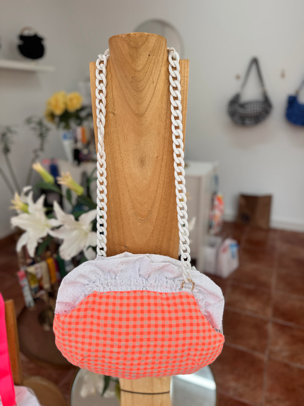 Bolso Baguette Cuadro Vichy Flúor Naranja