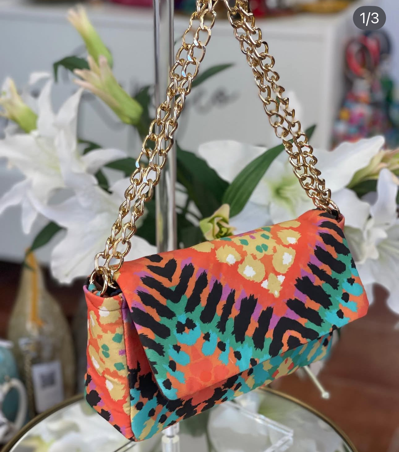 Blue Animal Print Baguette Bag